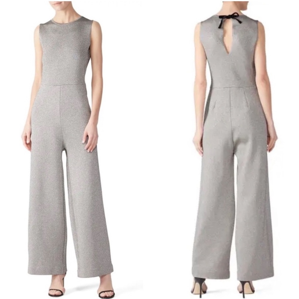 J Crew Wide Leg Jumpsuit Lurex Sm Metallic Silver Lined Stretch NYE Party Dressy